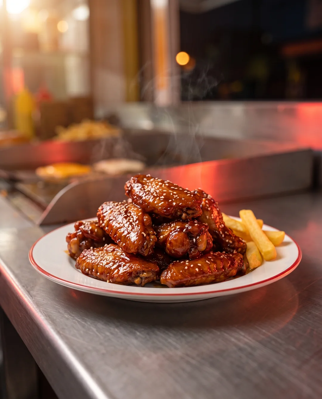 Alitas BBQ con ajonjolí y papas fritas (imagen referencial)