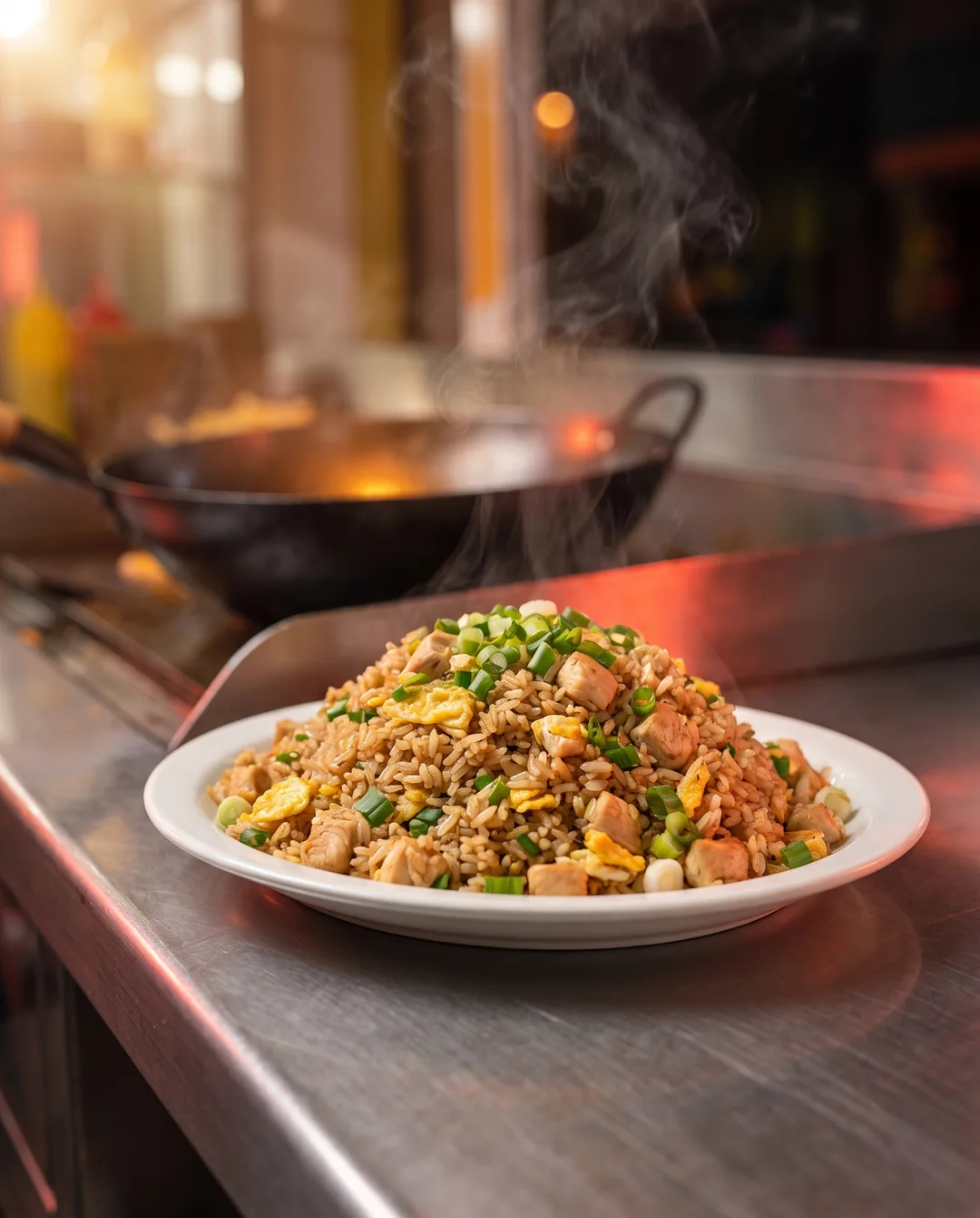 Arroz chaufa con pollo, huevo y cebollita china (imagen referencial)